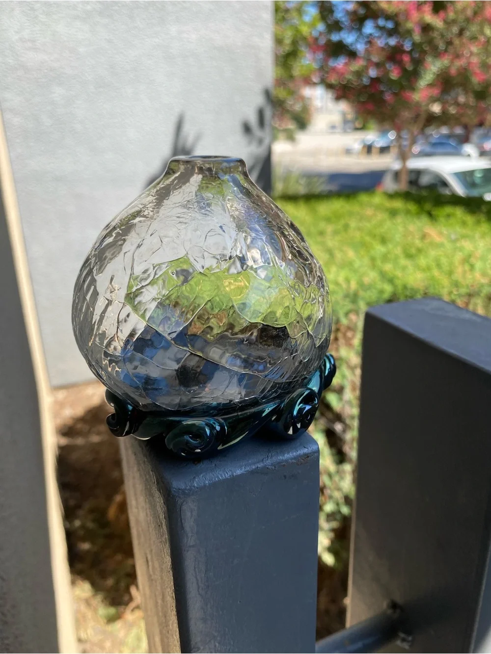Glass Teardrop Decorative Vase with Blue Bronze Base